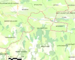 Carte élémentaire montrant les limites de la commune, les communes voisines, les zones de végétation et les routes