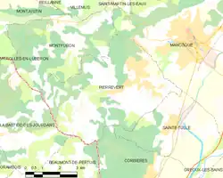Carte élémentaire montrant les limites de la commune, les communes voisines, les zones de végétation et les routes