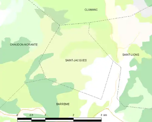 Carte élémentaire montrant les limites de la commune, les communes voisines, les zones de végétation et les routes