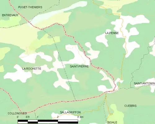 Carte élémentaire montrant les limites de la commune, les communes voisines, les zones de végétation et les routes