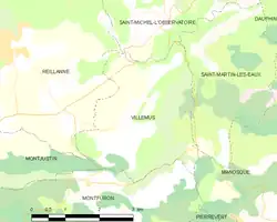 Carte élémentaire montrant les limites de la commune, les communes voisines, les zones de végétation et les routes