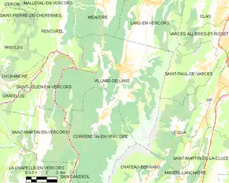 Carte simplifiée représentant le relief de la région avec le contours des limites des communes