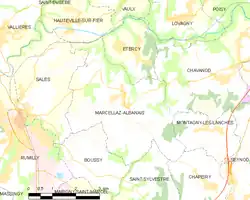 Carte présentant les limites territoriales de Marcellaz-Albanais et les communes limitrophes.