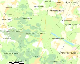 Plan de Saint-Léger-en-Yvelines et de ses environs : le minuscule étang Rompu, où le corps de Boulin a été retrouvé, est à 50 mètres de la départementale allant de Saint-Léger à Montfort-l'Amaury, qui en fait le tour. Trois kilomètres plus à l'est, au dessus du village de Les Bréviaires, une petite route en cul de sac mène aux quatre Étangs de Hollande, tout en longueur, plus isolés et beaucoup plus profonds.