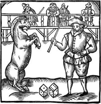 Gravure en noir et blanc d'un cheval qui se tient debout sur ses jambes arrières en tenant une baguette dan ssa bouche.