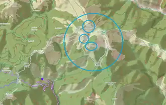 Carte de localisation du massif de l'Authion (grand cercle) et ses trois principaux ouvrages militaires (petits cercles).
