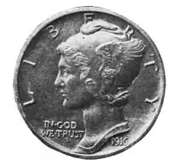 Pièce de monnaie représentant le profil droit d'une femme portant un bonnet.