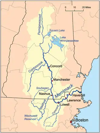 Le bassin du Merrimack dans le nord-est des États-Unis, avec la Contoocook dans sa partie nord.