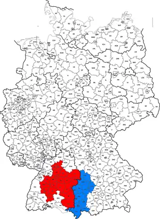 Les limites actuelles de la Souabe en Allemagne : en rouge, le Wurtemberg ; en bleu, le district de Souabe en Bavière.
