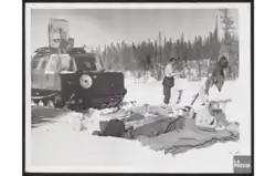 3 mai 1946. Repos de midi après une marche de nuit. De gauche à droite M.W. House, capt. W.C. Black, soldat A.Disley, dans le véhicule le soldat Bill Wilson.