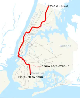 Tracé de la desserte 2 à Manhattan, dans le Bronx et dans Brooklyn.