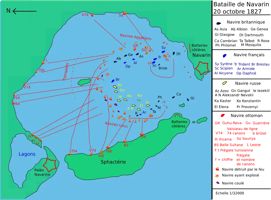 carte couleur : une baie fermée, des signes représentants des navires positionnés en fer à cheval ; leurs mouvements vers les côtes sont montrés par des flèches