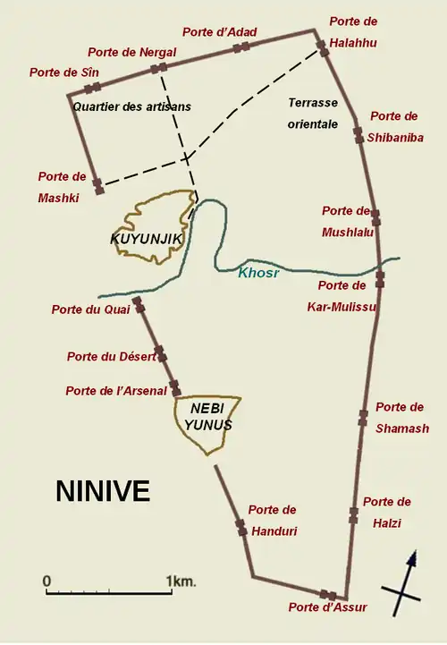 Ninive au VIIe&nbsp;siècle&nbsp;av. J.-C. : centre politico-religieux sur le tell de Quyunjik, arsenal sur le tell Nebi Yunus.