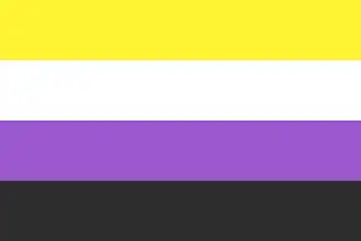 Drapeau composé de quatre bandes verticales, de haut en bas : jaune, blanc, violet, noir.