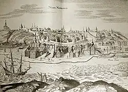 Gravure de 1636, faite sous le règne de Michel Romanov, montrant Nijni Novgorod et le navire Fréderic pavillonné de l'aigle bicéphale[1].