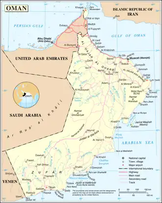 Carte de l'Oman montrant sa frontière avec l'Arabie saoudite.