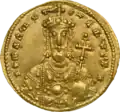 Face d'une pièce du règne de Romain. Il apparaît couronné d'un diadème, barbu et tenant l'orbe crucigère, symbole traditionnel du pouvoir dans le monde politique byzantin[48].