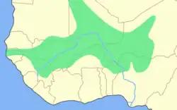 carte de l'ouest de l'Afrique avec une large zone colorée partant de la côte ouest et s'étendant vers le centre du continent