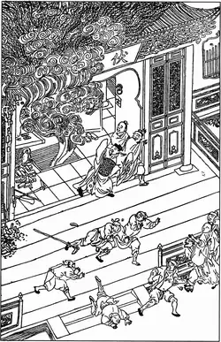 Illustration en noir et blanc vue de haut montrant plusieurs personnes qui s'enfuient hors d'un temple.