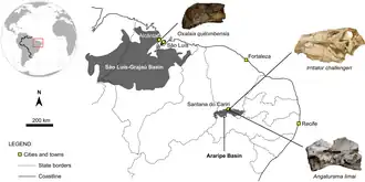 Carte de la région Nord-Est du Brésil, avec les sites de découverte de fossiles marqués d’Oxalaia, d’Irritator et d’Angaturama.