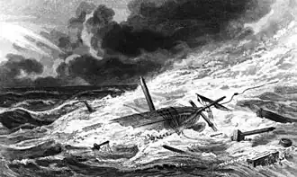gravure représentant les restes d'un navire à voile chaviré dans un océan déchaîné.