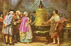 Peinture dans lequel un homme portant un tablier montre une large cloche à un groupe de personnes habillés élégamment dans le style du XVIIIe&nbsp;siècle. Une femme se prépare à taper sur la cloche avec un marteau.