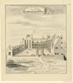 Document ancien présentant un château avec un canon devant l'entrée de l'édifice