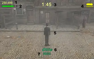 Photo de dos d'un personnage, l'interface est reproduite : score total et special en haut à gauche, le temps au milieu en haut, la position sur la planche en haut à droite, le nom de la figure et le score en bas au milieu.