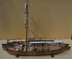 Version militaire à gréement carré d'un gundalow : modèle de l'USS Philadelphia (1776), coulé lors de la bataille de l'île Valcour.