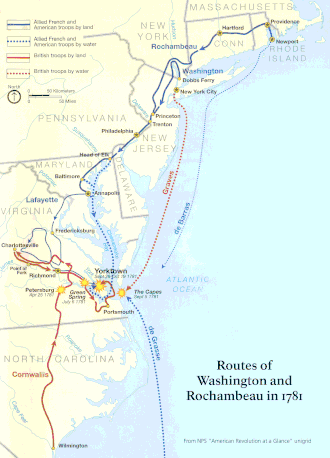 Opérations navales et terrestres conduisant à la bataille de Yorktown.