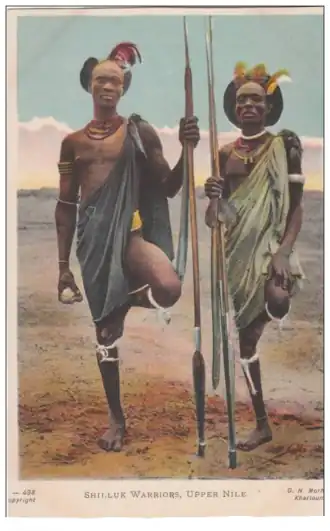 Carte postale ancienne figurant deux guerriers Shilluk