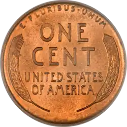 Pièce de monnaie avec les inscriptions ONE CENT et UNITED STATES OF AMERICA entourées d'épis de blé.