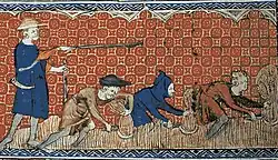 Trois hommes accroupis récoltent du blé avec des serpes tandis qu'un quatrième debout les dirige avec un béton.
