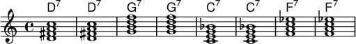 <<
\new ChordNames \chordmode {
d1:7 d:7 g:7 g:7 c:7 c:7 f:7 f:7
}
\new Staff \relative c'{
<d fis a c> < d fis a c > <g b d f> <g b d f> <c, e g bes> <c e g bes> <f a c ees> <f a c ees> }
>>