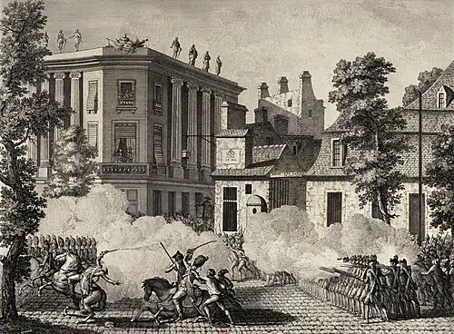 Action entre le régiment Royal-Allemand commandé par le prince de Lambesc et un détachement des Gardes françaises, devant leur dépôt, à l'angle du boulevard des Capucines et de la rue de la Chaussée d'Antin, dans la nuit du 12 juillet 1789. Sur la gauche, l'hôtel de Montmorency. Eau-forte de Duplessis-Bertaux.