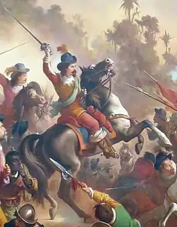 Peinture en couleurs. Un cavalier brandit son épée sur un cheval en train de se cabrer, au milieu d'une bataille.