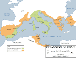 Carte de la Méditerranée. Rome en Italie et sur la côté ibérique. Conquête de l'intérieur de l'Hispanie, de l'Afrique, de la Narbonnaise, l'Illyrie, la Grèce et l'Asie au deuxième siècle avant Jésus-Christ.