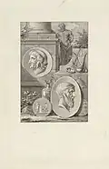 Photographie en noir et blanc d'une gravure montrant dans un paysage antique reconstitué, au pied d'une colonne et de divers vases et instruments anciens, deux médaillons.