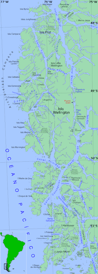 La côte sud du Chili et l'archipel de Patagonie. L'île Jorge Montt se trouveentre les 51e et 52e parallèles sud,et entre les 74e et 75e méridiens ouest.