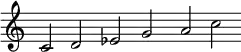 
 \relative c'  {\override Score.BarLine.stencil = ##f \override Score.TimeSignature.stencil = ##f c2 d ees g a c}
