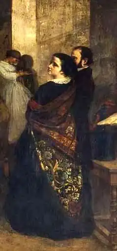 Vue détaillée du couple Sabatier dans l'atelier du peintre Gustave Courbet en 1855.
