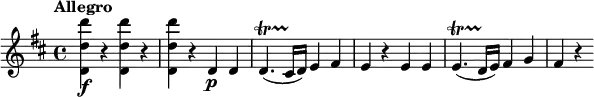 \relative c' {
\tempo "Allegro"
\version "2.18.2"
\key d \major
<d d' d'>4\f r q r |
q4 r d\p d |
d4.\startTrillSpan( cis16\stopTrillSpan d) e4 fis |
e4 r e e |
e4.\startTrillSpan( d16\stopTrillSpan e) fis4 g |
fis4 r
}