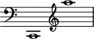\header {
tagline = ##f
\version "2.16.2"
}
\score {
\new Staff \with {
\remove "Time_signature_engraver"
}
\relative c {
\key c \major
\time 2/1
\autoBeamOff
\clef bass
\override Rest #'style = #'classical
c,1
\clef treble
a''''
}
\layout {
\context {
\Score
\remove "Metronome_mark_engraver"
}
}
\midi {}
}