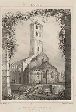 L'église de Chapaize au XIXe siècle (dessin dans : Voyage pittoresque en Bourgogne ou Description historique et vues des monuments antiques, modernes et du Moyen âge, impr. Vve Jobard, 1833-1835).