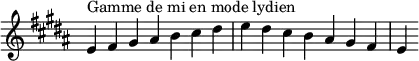 {
\override Score.TimeSignature #'stencil = ##f
\relative c' {
\key e \lydian
\clef treble \time 7/4
e4^\markup { Gamme de mi en mode lydien } fis gis ais b cis dis e dis cis b ais gis fis e
} }