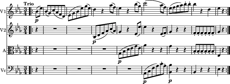 \version "2.18.2"
<< \new Staff \with { instrumentName = #"V1"}
\relative c'' {
\key ees \major
\time 3/4
\tempo "Trio"
\tempo 4 = 120
\bar ".|:" \partial 4 bes8 \p (ees)
bes (g) c (aes f d)
ees (g bes ees) g (ees)
d4 r aes'8 (f)
ees4 r bes'8 (g)
c2 (aes8 f)
ees (f g aes) bes-. bes-.
bes4 r d,
ees r \bar ":|."
}
\new Staff \with { instrumentName = #"V2"}
\relative c'' {
\key ees \major
\bar ".|:" \partial 4 r4
\repeat unfold 2 {R1*3/4}
bes,8 \p (d f aes) c (aes)
g4 r ees8 (ees')
ees4 r ees,8 (f)
g4 r r
\repeat unfold 6 {f8-.}
g4 r \bar ":|."
}
\new Staff \with { instrumentName = #"A"}
\relative c'' {
\clef "alto"
\key ees \major
\bar ".|:" \partial 4 r4
\repeat unfold 3 {R1*3/4}
g,8 \p (bes d ees g ees)
aes4 r r g r r
\repeat unfold 6 {bes,8-.}
ees,4 r
\bar ":|."
}
\new Staff \with { instrumentName = #"Vc"}
\relative c' {
\clef "bass"
\key ees \major
\bar ".|:" \partial 4 r4
\repeat unfold 4 {R1*3/4}
aes,8 \p (c f aes) c-. aes-.
<bes, bes'>4 \p r r
bes r r
ees r
\bar ":|."
}
>>
