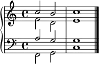 \version "2.14.2"
\header {
tagline = ##f
}
upper = \relative c'' {
\clef treble
\key c \major
\time 4/4
\tempo 4 = 100
%\autoBeamOff
<< { c2 b c1 } \\ { f,2 d e1 } >>
\bar "|."
}
lower = \relative c' {
\clef bass
\key c \major
\time 4/4
<< { a2 g g1 } \\ { f,2 g c1 } >>
}
\score {
\new PianoStaff <<
\set PianoStaff.instrumentName = #""
\new Staff = "upper" \upper
\new Staff = "lower" \lower
>>
\layout {
\context {
\Score
\remove "Metronome_mark_engraver"
}
}
\midi { }
}