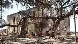 Une ruine calcinée, derrière des arbres brûlés.