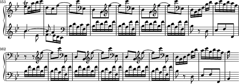 
\version "2.18.2"
\header {
  tagline = ##f
  % composer = "Domenico Scarlatti"
  % opus = "K. 57"
  % meter = "Allegro"
}

%% les petites notes
trillEesq     = { \tag #'print { ees8\trill } \tag #'midi { f32 ees f ees } }

upper = \relative c'' {
  \clef treble 
  \key bes \major
  \time 3/8
  \tempo 4. = 78
  \set Staff.midiInstrument = #"harpsichord"
  \override TupletBracket.bracket-visibility = ##f
  \set Score.currentBarNumber = #153
  \omit Staff.TimeSignature 
    \bar ""

      \trillEesq d16 a' bes c | d,8 c \repeat unfold 2 { f~ |
      % ms. 155
      f8 c'    \clef bass  ees,,, | d bes   \clef treble  } f'''~ | f c' \clef bass  ees,,, | d16 bes d f bes[ d] | c ees bes d c a |
      % ms. 162
      r8 r8 \clef treble \repeat unfold 2 { f''~ | f8[ c']    \clef bass  ees,,, | d[ bes]   \clef treble  } f'''~ | f[ c'] \clef bass  ees,,, | d16 bes d f bes[ d] |
      % ms. 169
      c ees bes d c a | bes
      % ms. x
      

}

lower = \relative c' {
  \clef bass
  \key bes \major
  \time 3/8
  \set Staff.midiInstrument = #"harpsichord"
  \override TupletBracket.bracket-visibility = ##f
  \omit Staff.TimeSignature 

    % ************************************** \appoggiatura a16  \repeat unfold 2 {  } \times 2/3 { }   \omit TupletNumber 
      \clef treble  << { \mergeDifferentlyDottedOn bes'4.~ | bes8 a4 | } \\ { bes4 ees,8 | f8. ees16 d c } >>   \clef bass
      % ms. 155
      bes16 d a c f, c' | \repeat unfold 2 { bes f' d f bes, f' | bes, d a f' f, f' } | bes,8 r8 d,8 | ees f f, |
      % ms. 162
      \repeat unfold 3 { bes'16 f' d f bes, f' | bes, d a f' f, f' } bes,8 r8 d,8 |
      % ms. 169
      ees8 f f, | bes4
      % ms. x
      

}

thePianoStaff = \new PianoStaff <<
    \set PianoStaff.instrumentName = #""
    \new Staff = "upper" \upper
    \new Staff = "lower" \lower
  >>

\score {
  \keepWithTag #'print \thePianoStaff
  \layout {
    indent = #0
      #(layout-set-staff-size 17)
    \context {
      \Score
     \override SpacingSpanner.common-shortest-duration = #(ly:make-moment 1/2)
      \remove "Metronome_mark_engraver"
    }
  }
}

\score {
  \keepWithTag #'midi \thePianoStaff
  \midi { }
}
