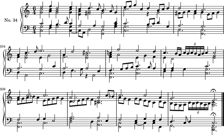 
\version "2.14.2"
\header {
  tagline = ##f
}
upper = \relative c'' {
  \clef treble 
  \key c \major
  \time 6/4
  \tempo 4 = 130
  \set Score.currentBarNumber = #100
  \set Staff.midiInstrument = #"harpsichord"

  % droite
  << { e2 f4 d2 e4 } \\ { < c g >2 < c a >4 < b g >2 < c g >4 } >>
  << { c4 d4. c8 b4. a8 g4 } \\ { < a e >4 < a fis >2  g2 s4 } >>
  << { e'8 f g4 c, d b8 c d4 } \\ { c2. r4 g2 } >>

  << { d'2 a4 b2. } \\ { fis8 g a4 fis4 g e8 fis g4 } >>
  << { a4 c4. d8 e2. } \\ { f,4 < e a >2 e4 g2 } >>
  << { a4 d2 cis2. } \\ { f,2. < a e >2 } >>

  << { c!4 f2 e d4 } \\ { < a f >4 a2 e4 g f} >>
  << { c'4. b16[ a] \times 4/6 { c16[ b c b a b] } c4 c2 } \\ { e,4 d2 s4 < g e >2 } >>
  << { a4 c2 c2. } \\ { f,8 g a bes a4 e8 f g a g4 } >>

  << { a2. a2 c8 bes } \\ { \stemUp d,2 \stemDown f4 < e cis >2. } \\ { \stemDown d8[ e f g] } >>
  << { c2. c2 a4 } \\ { a8 g f4 g8 f e d c4 d8 c } >>
  << { g'2. e\fermata } \\ { b8 a g a \tempo 4 = 98 \times 4/6 { c16[ b c b a b] } \tempo 4 = 75 < c g >2.  } >> \bar "|."

}

lower = \relative c {
  \clef bass
  \key c \major
  \time 6/4
  \set Staff.midiInstrument = #"harpsichord"
    
  %% gauche
  << { c'2 a4 b4. d8 c4 } \\ { < g c, >2 f4 g2 < g c, >4~ } >>
  << { a2 a4 g2 d'4 } \\ { c,8 a d2 < d g, >2 < b' g >4 } >>
  << { c2. b8 c d4 g, } \\ { < g c, >2. g  } >>

  << { a2. g } \\ { d2. < d g, >2. } >>
  << { a'2. g2 c4 } \\ { d,4 a2 c2. } >>
  << { a'2. a2 e4 } \\ { d4 f4. g8 r4 a,2 } >>

  << { f'4. g8 a b c4. b8 a4 } \\ { < c, f, >2. < g' c, > } >>
  << { g4 a s4 c2. } \\ { e,4 f g < g c, >2. } >>
  << { f2 f4 g e2 } \\ { < c f, >2. c2. } >>

  << { < a' f >2. a2 e4 } \\ { d2 d4 < e a, >2. } >>
  << { f2 e4 g e f } \\ { < c f, >2 c4~ c c f, } >>
  << { d'4. c8 d4 c2.\fermata } \\ { g2. < g c, >2. } >>
   
}

\score {
  \new PianoStaff <<
    \set PianoStaff.instrumentName = #"No. 34"
    \new Staff = "upper" \upper
    \new Staff = "lower" \lower
  >>
  \layout {
    \context {
      \Score
      \remove "Metronome_mark_engraver"
    }
  }
  \midi { }
}
